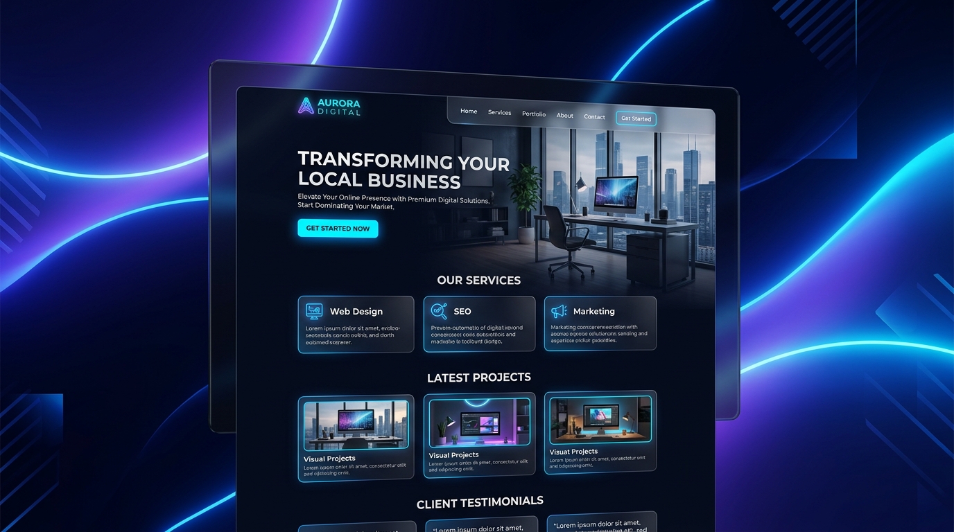 Sleek premium website design showing local business dashboard and services mockup